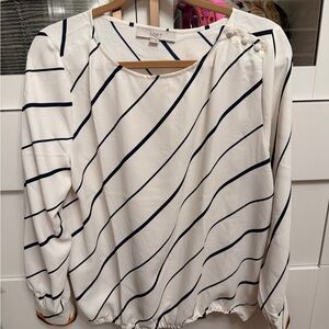LOFT White Blouse with Navy Diagonal Stripes
